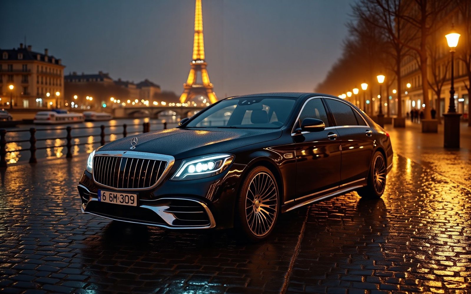 Véhicule Mercedes Elite Drive VTC devant la Tour Eiffel à Paris la nuit